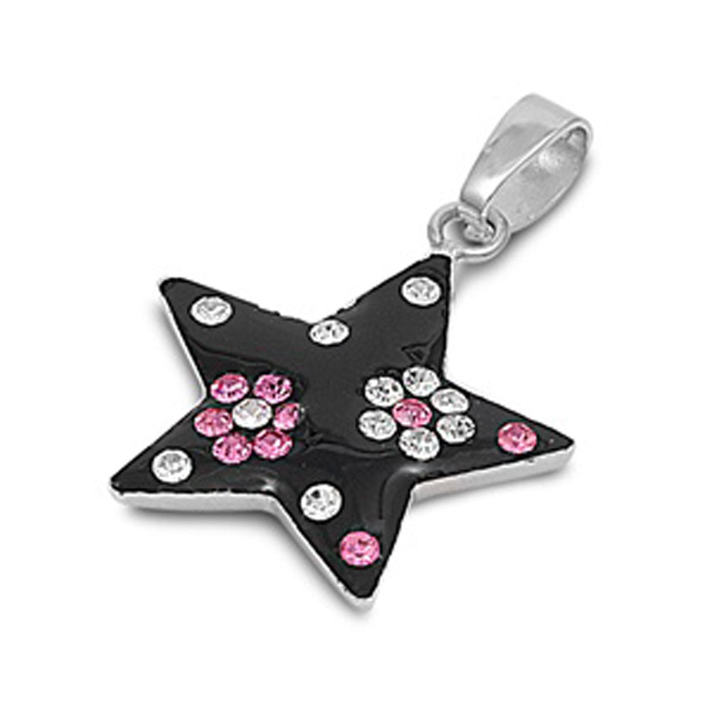 Bold Flower Black Star Pendant Pink Simulated CZ .925 Sterling Silver Charm