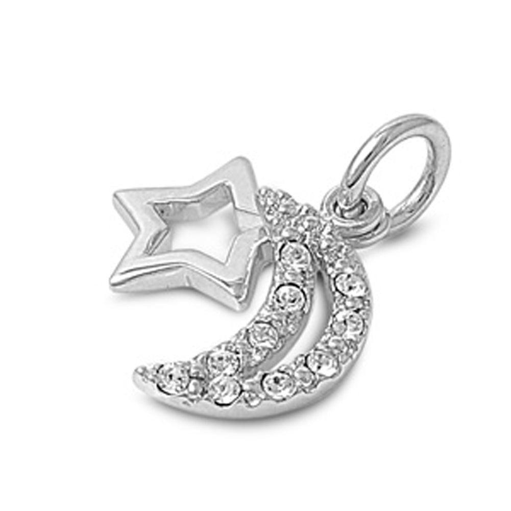 Sterling Silver Star Celestial Studded Moon Pendant Clear Simulated CZ Charm