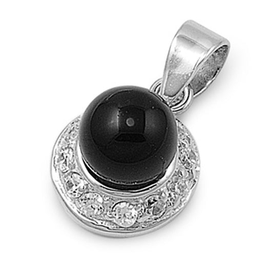 Sterling Silver Solitaire Studded Fashion Ball Pendant Black Simulated Onyx