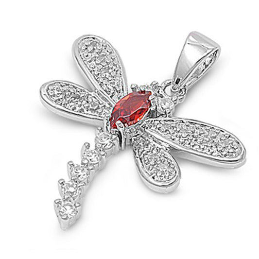Sterling Silver Solitaire Studded Cluster Dragonfly Pendant Simulated Garnet