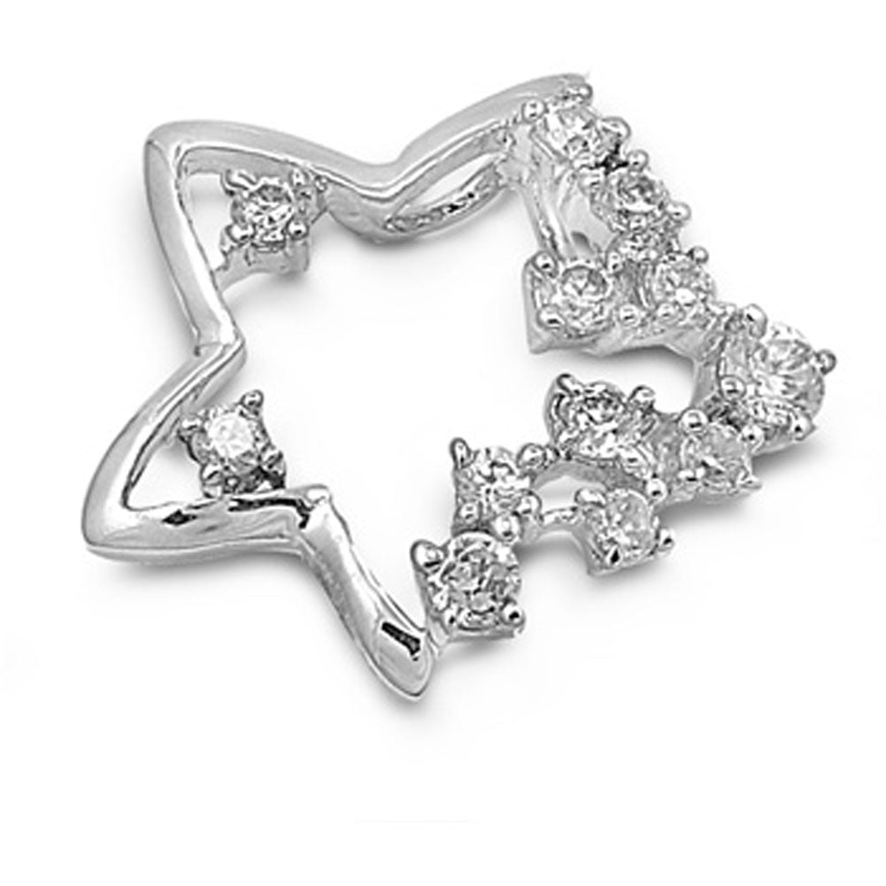 Sterling Silver Studded Burst Star Outline Pendant Clear Simulated CZ Charm
