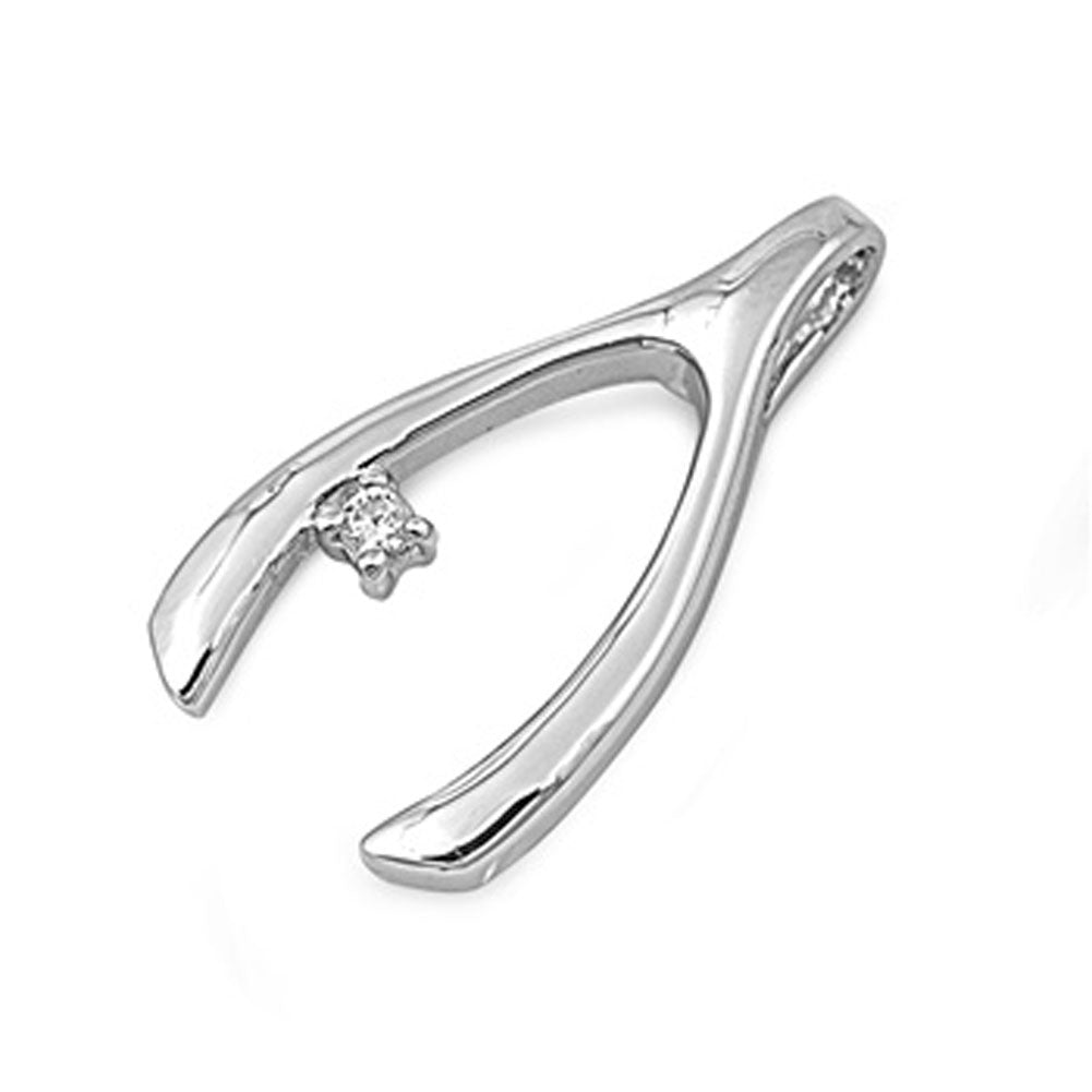 Shiny Studded Wishbone Pendant Clear Simulated CZ .925 Sterling Silver Charm