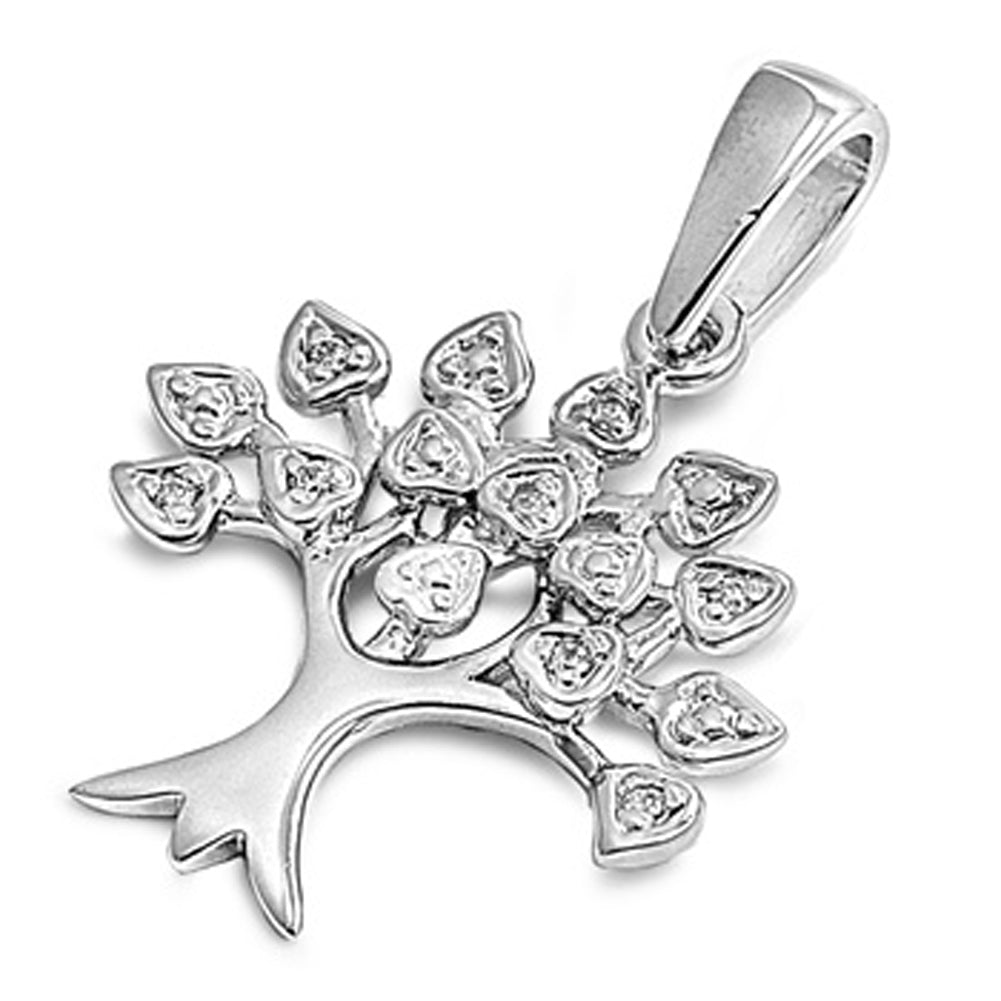 Sterling Silver Heart Whimsical Tree of Life Pendant Clear Simulated CZ Charm