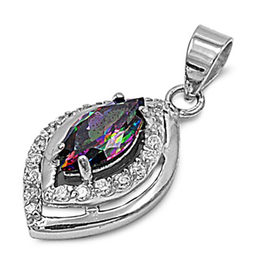 Sterling Silver Pointed Elegant Oval Halo Rainbow Simulated Topaz Pendant Charm