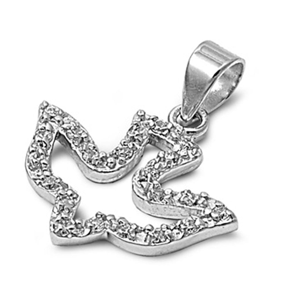 Dove Studded Bird Outline Pendant Clear Simulated CZ .925 Sterling Silver Charm