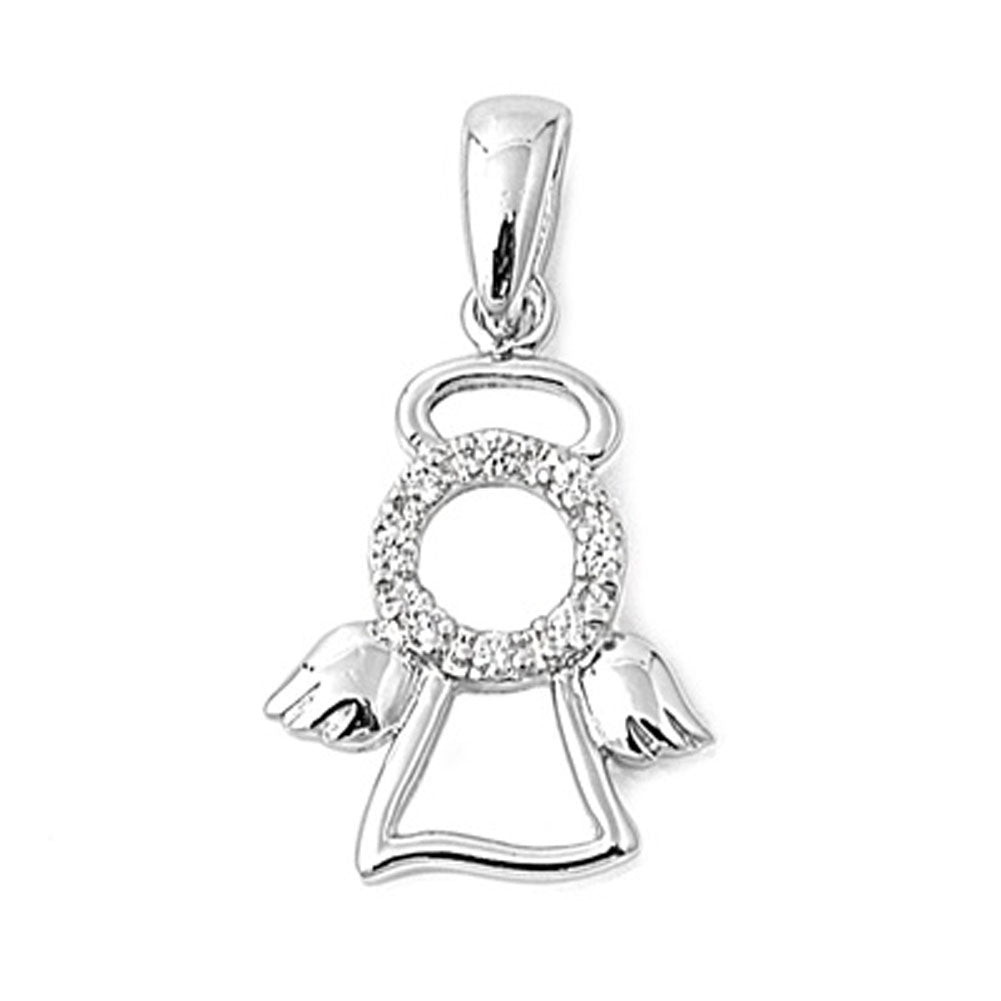 Shiny Angel Outline Pendant Clear Simulated CZ .925 Sterling Silver Cute Charm