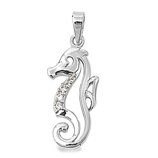 Sterling Silver Cutout Filigree Seahorse Outline Pendant Clear Simulated CZ