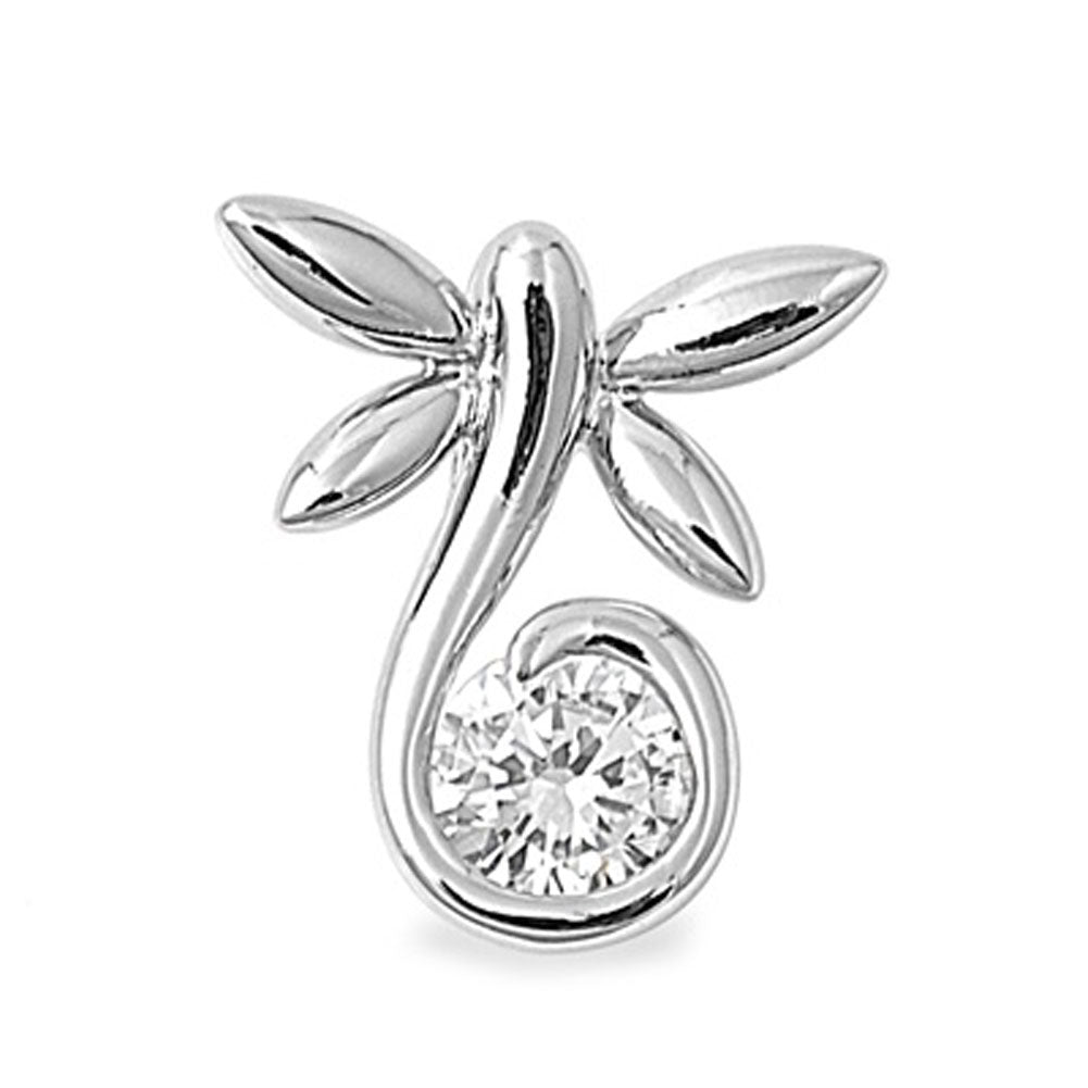 Sterling Silver High Polish Spiral Dragonfly Clear Simulated CZ Pendant Charm