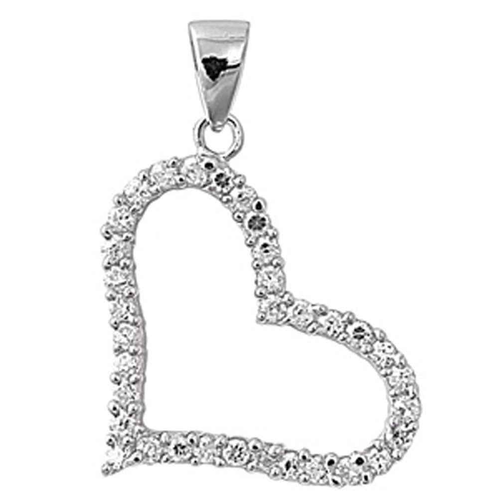 Sterling Silver Outline Studded Heart Border Pendant Clear CZ Charm