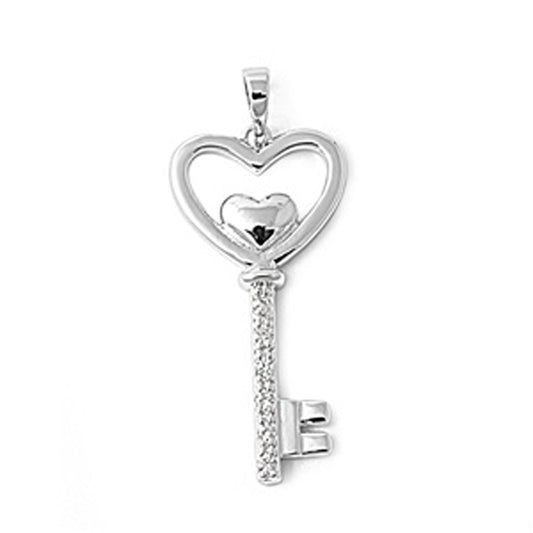 Heart Cute Skeleton Key Pendant Clear CZ .925 Sterling Silver Charm