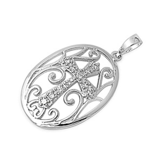 Sterling Silver Studded Filigree Swirl Cross Pendant Clear CZ Charm