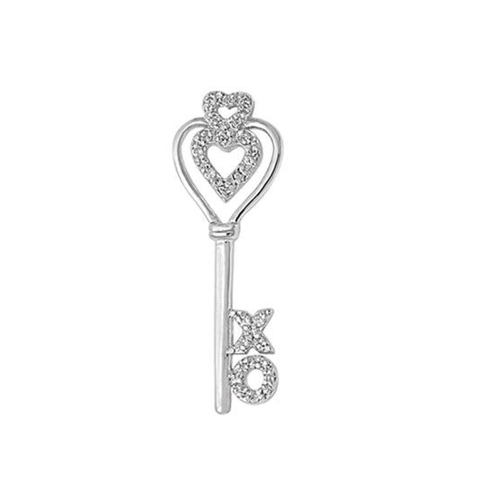 Sterling Silver Promise Double Heart Skeleton Key Pendant Clear Simulated CZ
