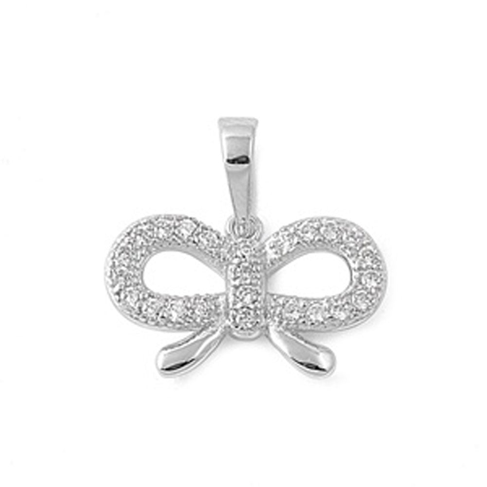 Bow Cluster Fashion Ribbon Pendant Clear Simulated CZ .925 Sterling Silver Charm