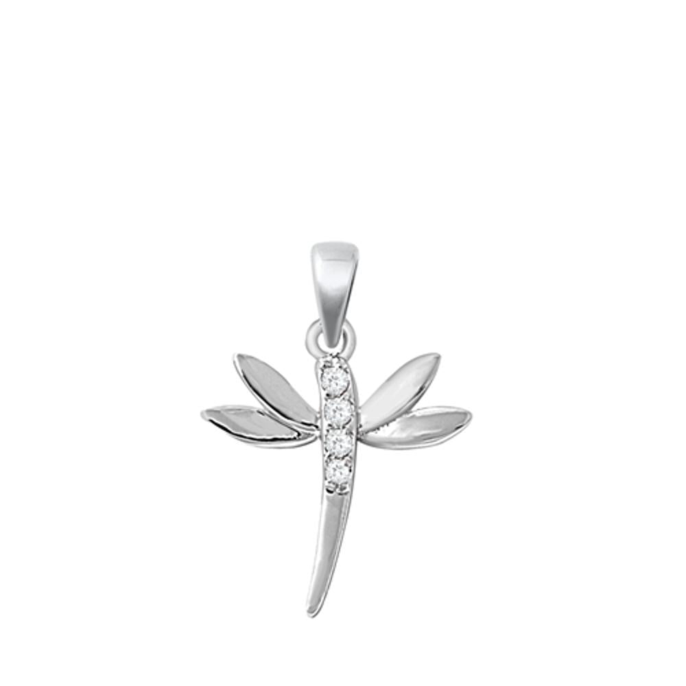Sterling Silver Shiny Studded Dragonfly Animal Clear Simulated CZ Pendant Charm