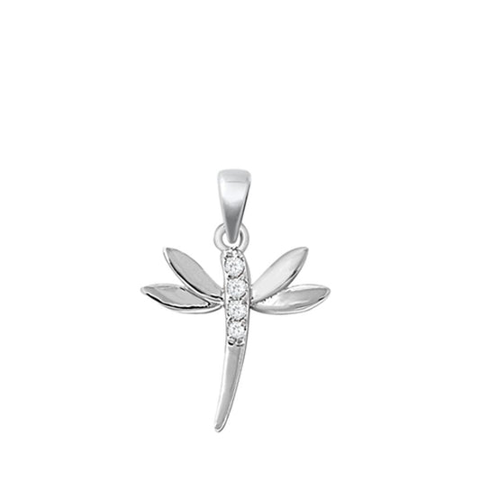 Sterling Silver Shiny Studded Dragonfly Animal Clear Simulated CZ Pendant Charm