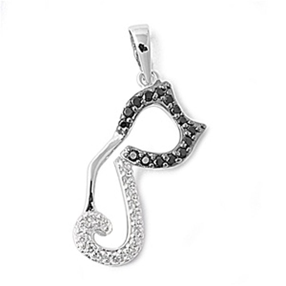 Sterling Silver Abstract Studded Cat Outline Pendant Black Simulated CZ Charm