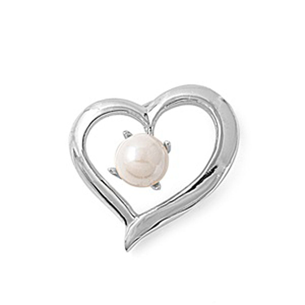 Sterling Silver Solitaire High Polish Dangle Heart Pendant Simulated Pearl Charm