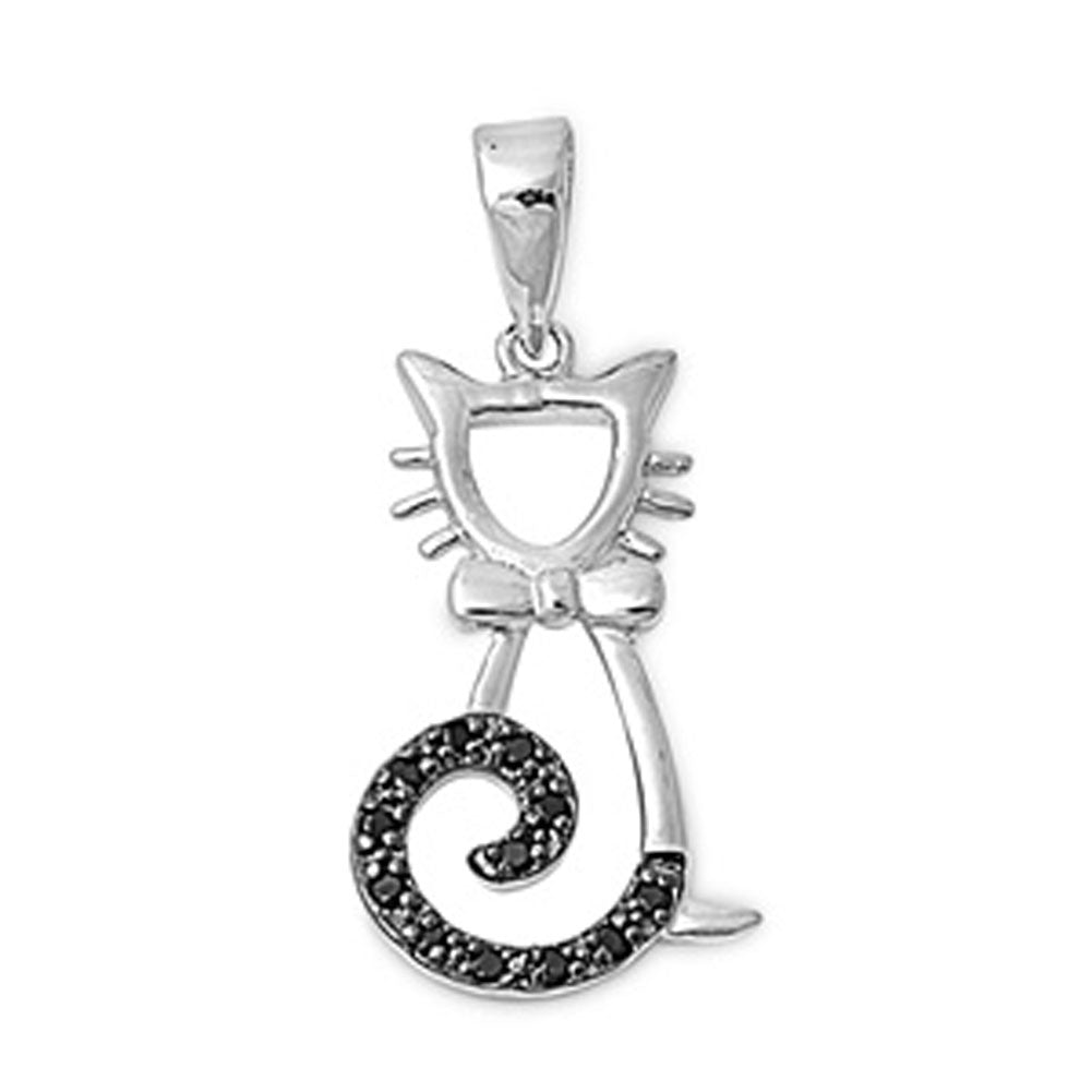 Bow Curly Tail Cat Pendant Black Simulated CZ .925 Sterling Silver Outline Charm
