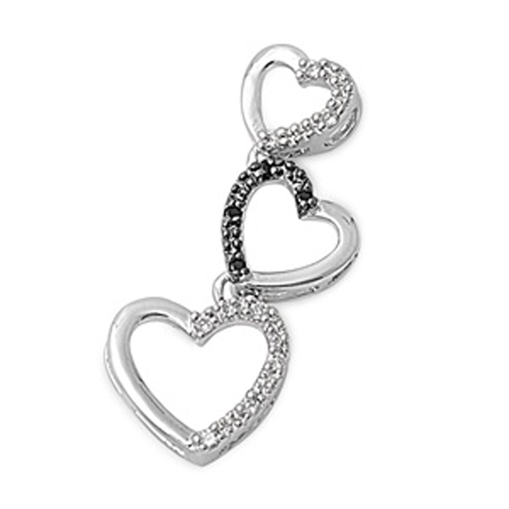Sterling Silver Triple Stacked Journey Heart Pendant Black CZ Charm