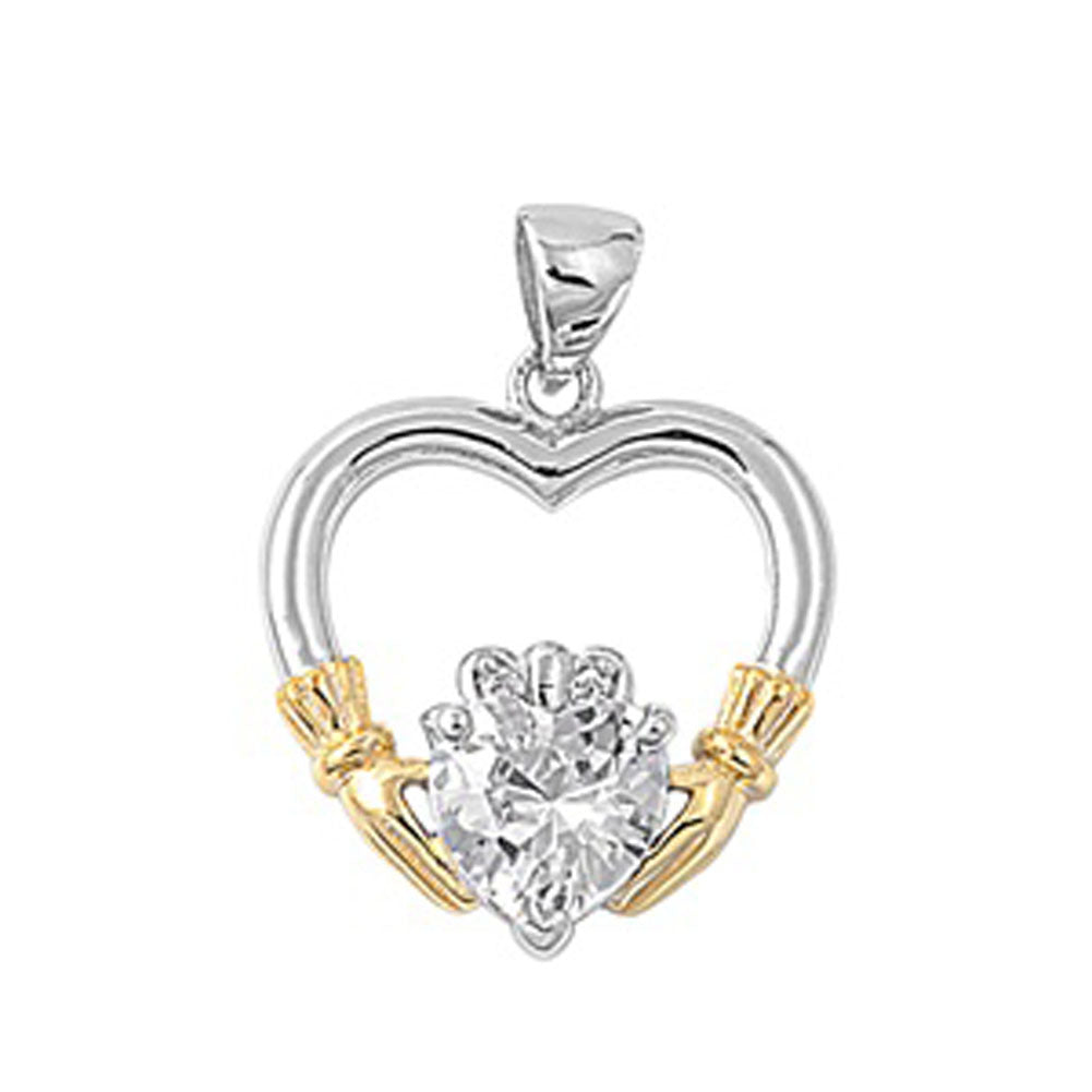 Heart Dual Tone Claddagh Pendant Clear Simulated CZ .925 Sterling Silver Charm