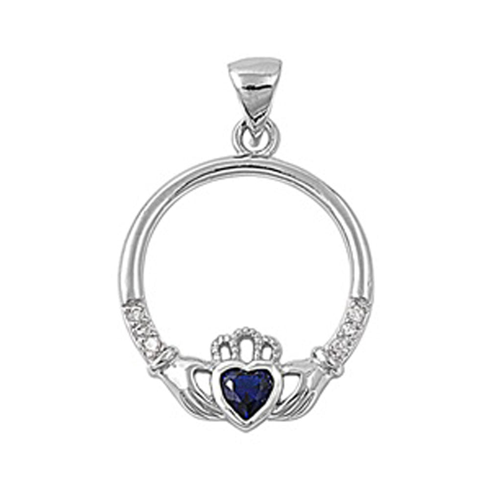 Sterling Silver Heart Celtic Claddagh Hoop Pendant Blue Simulated Sapphire Charm