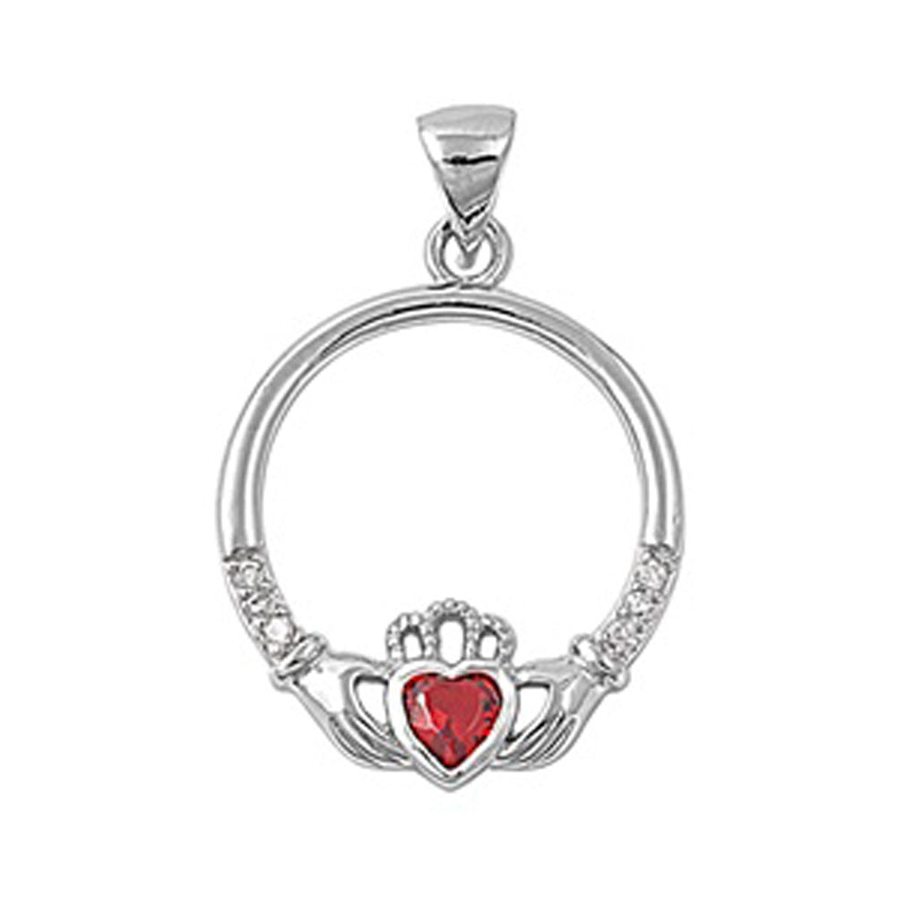 Sterling Silver Heart Simple Irish Claddagh Hoop Pendant Simulated Ruby Charm