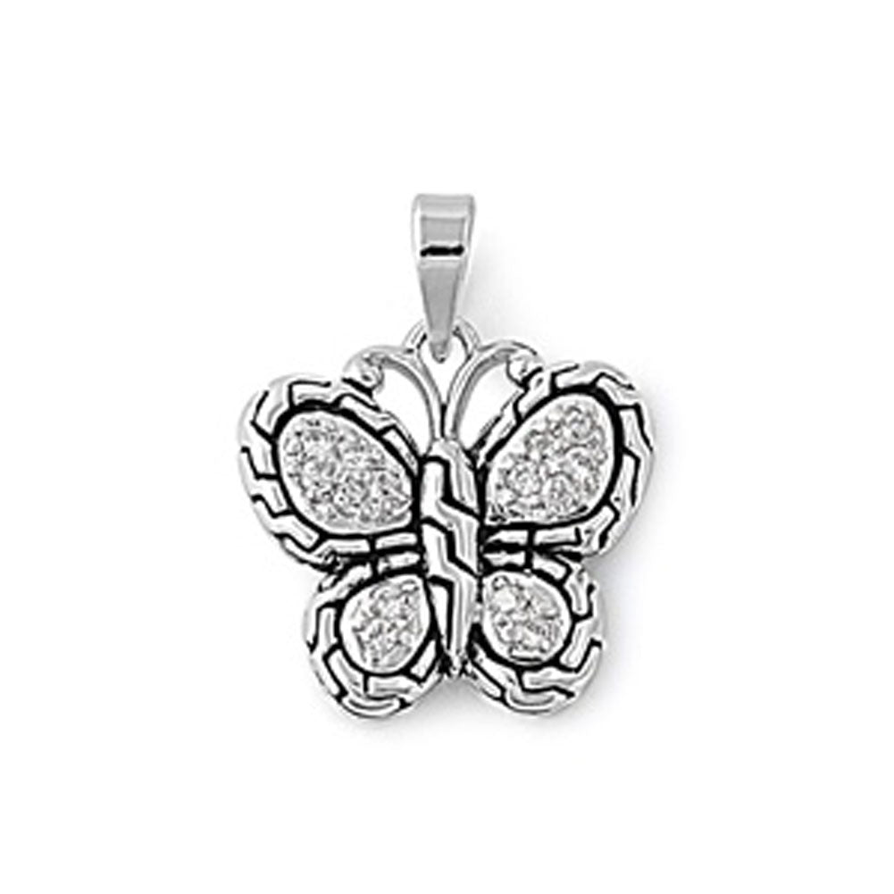 Sterling Silver Simple Mosaic Butterfly Quilted Clear Simulated CZ Pendant Charm