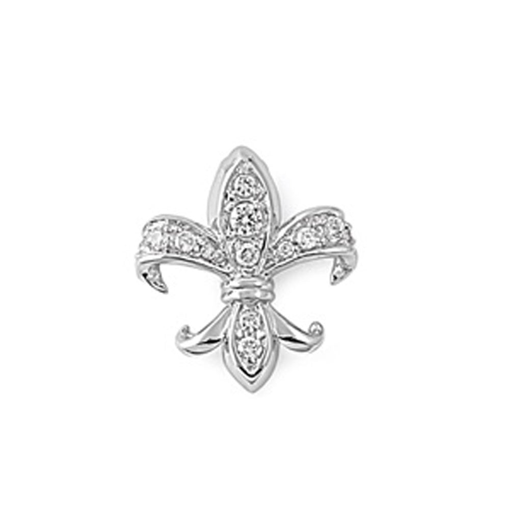 Studded Fleur De Lis Pendant Clear Simulated CZ .925 Sterling Silver Lily Charm