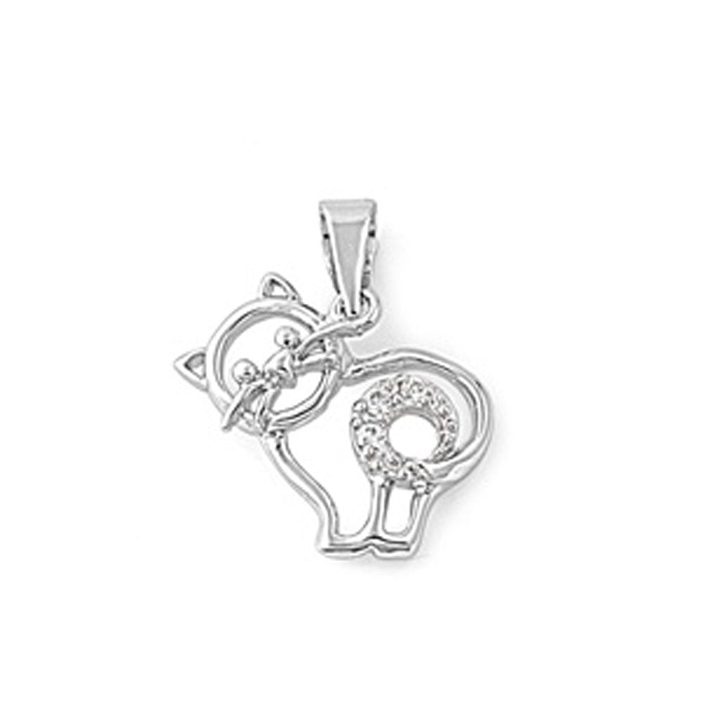 Sterling Silver Cute Sparkly Spiral Tail Cat Pendant Clear Simulated CZ Charm
