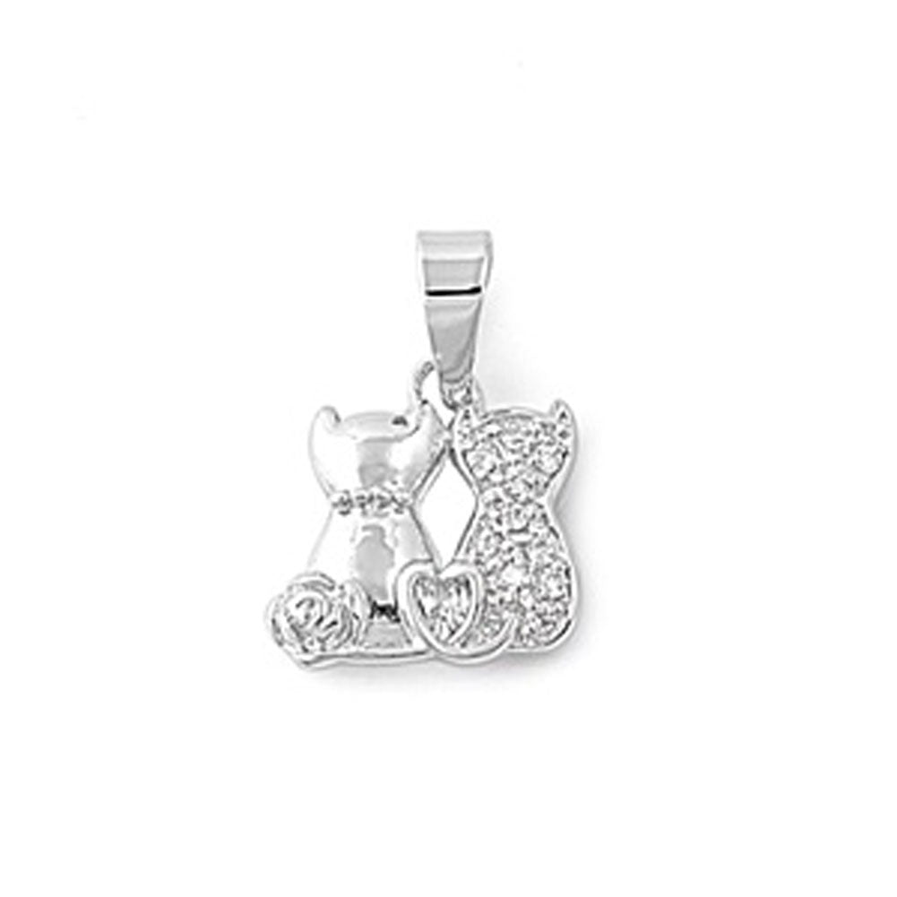 Sterling Silver Best Friend Cat Heart Tail Pendant Clear Simulated CZ Charm