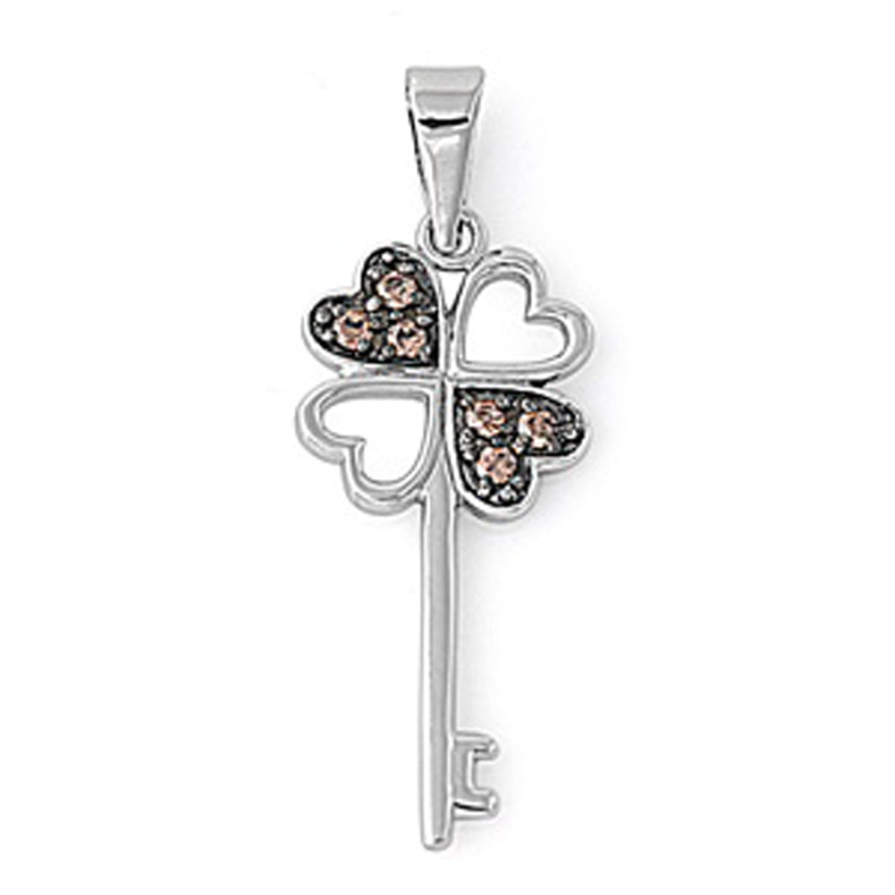 Sterling Silver Flower Skeleton Key Sparkly Champagne Simulated CZ Pendant Charm