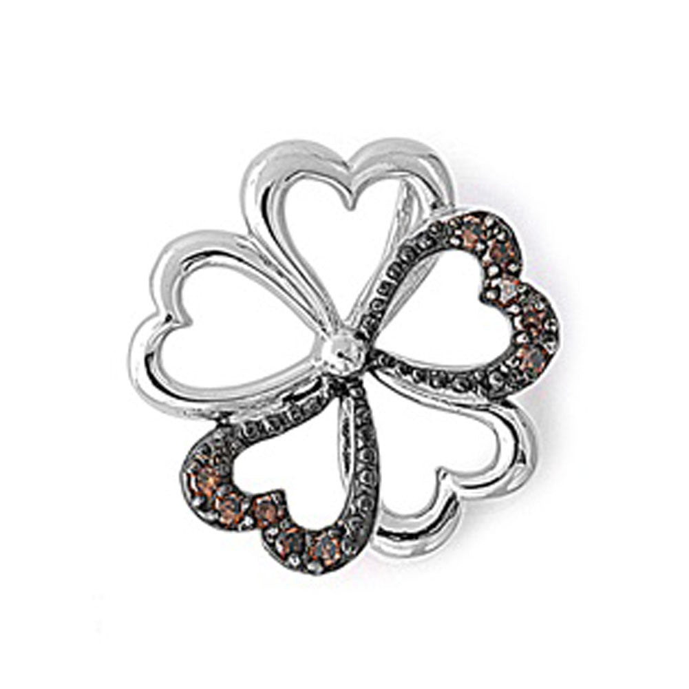 Sterling Silver Sparkly Dual Tone Clover Champagne Simulated CZ Pendant Charm