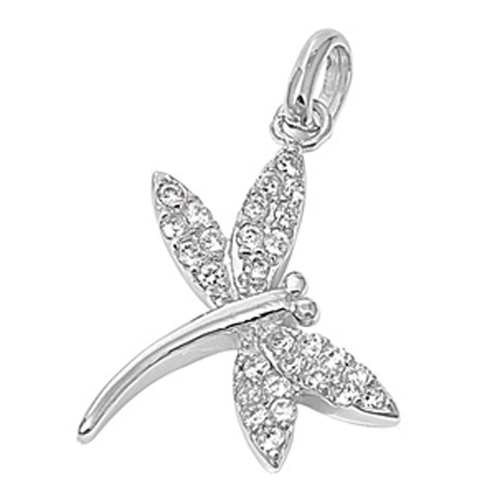 Studded Dragonfly Pendant Clear CZ .925 Sterling Silver Sparkly Charm