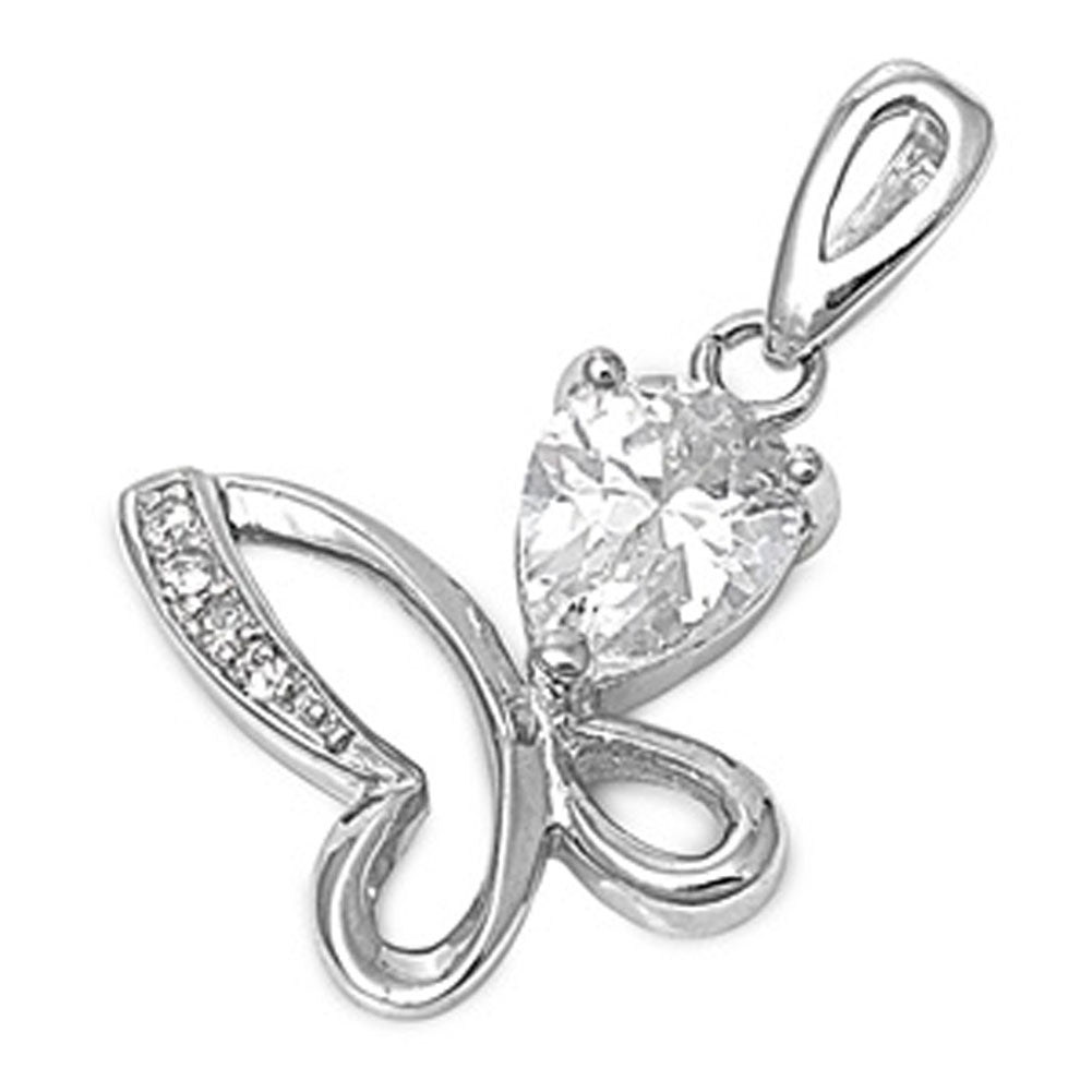 High Polish Butterfly Pendant Clear Simulated CZ .925 Sterling Silver Charm