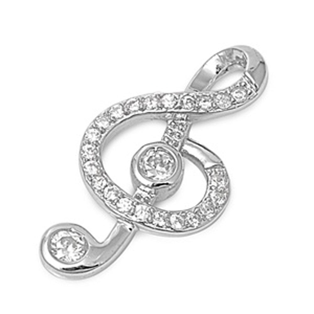Studded Music Note Pendant Clear Simulated CZ .925 Sterling Silver Ornate Charm