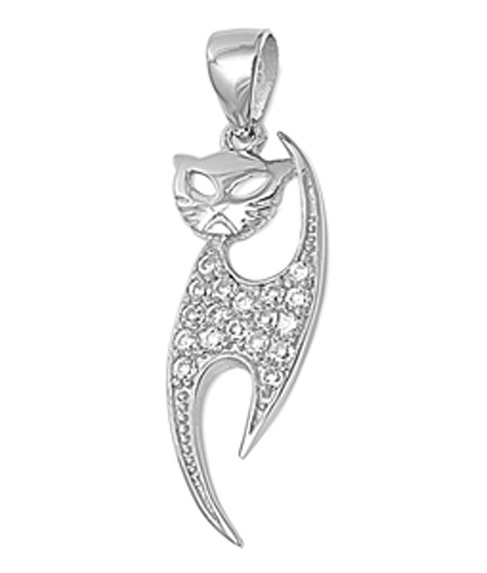 Mid Century Modern Cat Pendant Clear CZ .925 Sterling Silver Charm