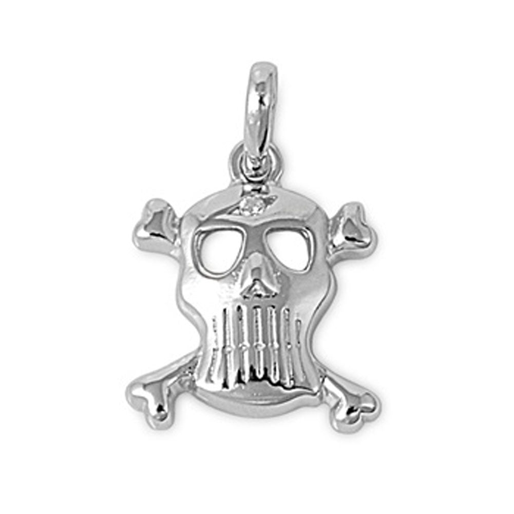 Sterling Silver Crossbones Shiny Pirate Skull Pendant Clear Simulated CZ Charm