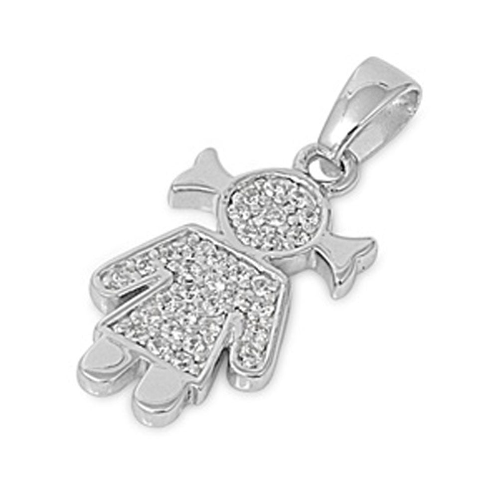 Studded Pigtail Girl Pendant Clear Simulated CZ .925 Sterling Silver Kid Charm