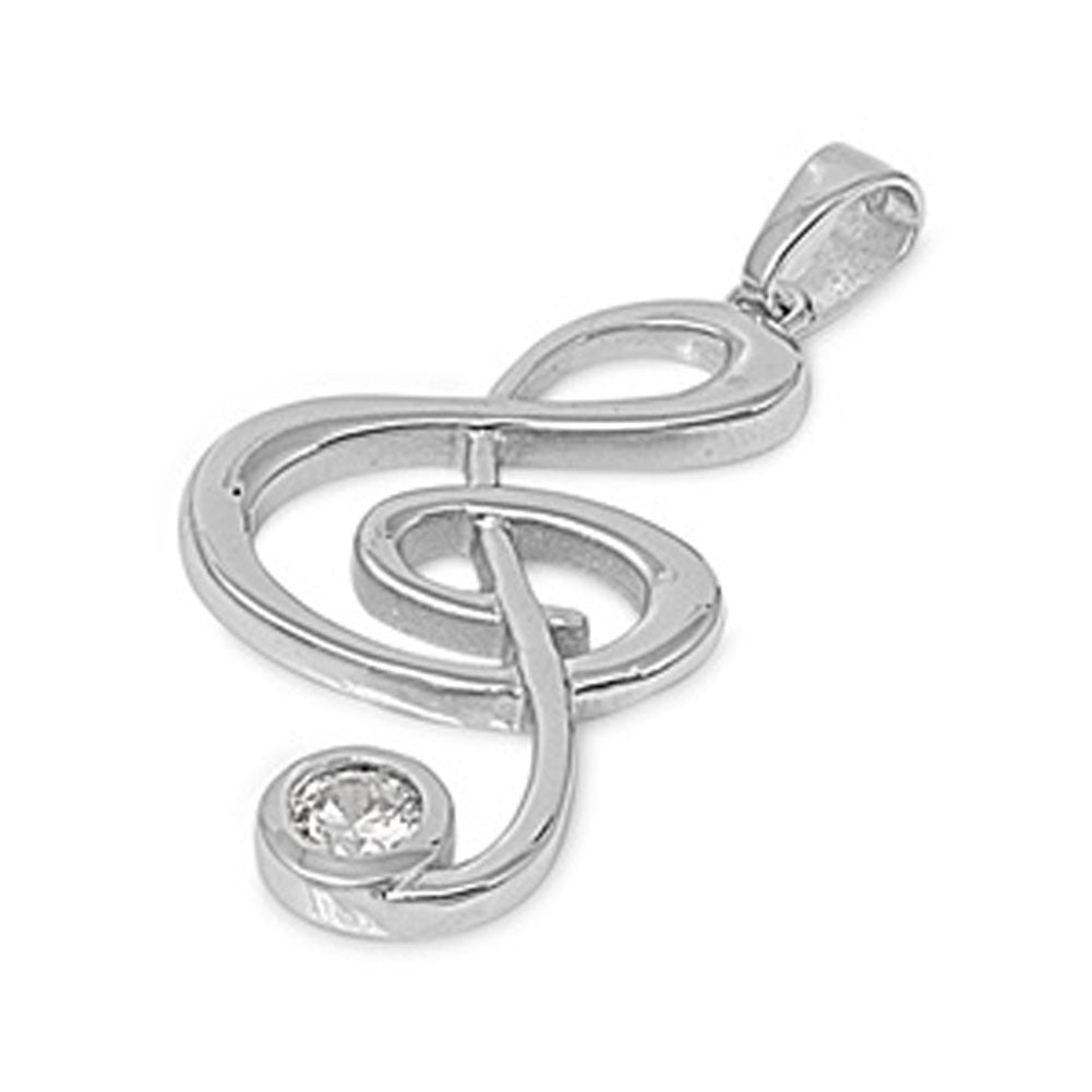 High Polish Music Note Pendant Clear CZ .925 Sterling Silver Charm