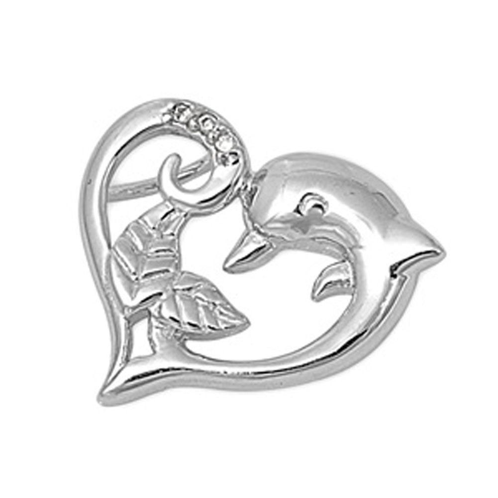 Sterling Silver Vine Filigree Swirl Dolphin Heart Pendant Clear CZ