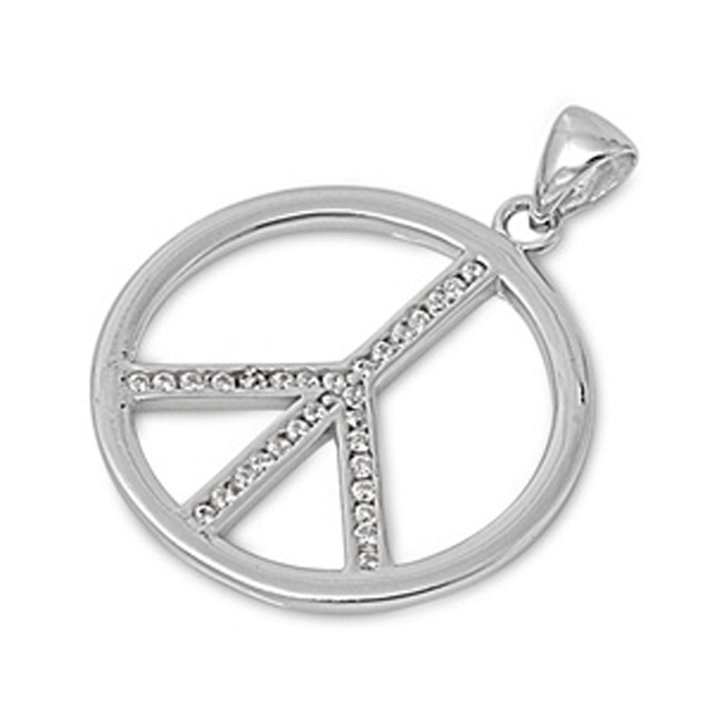 Sterling Silver High Polish Flat Peace Sign Pendant Clear Simulated CZ Charm