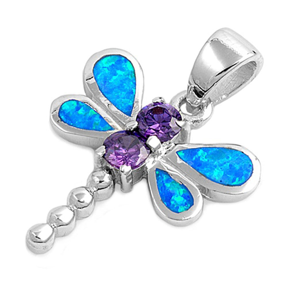 Teardrop Dragonfly Pendant Simulated Amethyst .925 Sterling Silver Bubble Charm