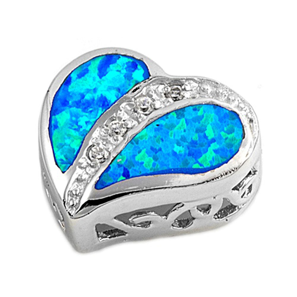 Cute Mosaic Heart Pendant Blue Simulated Opal .925 Sterling Silver Charm