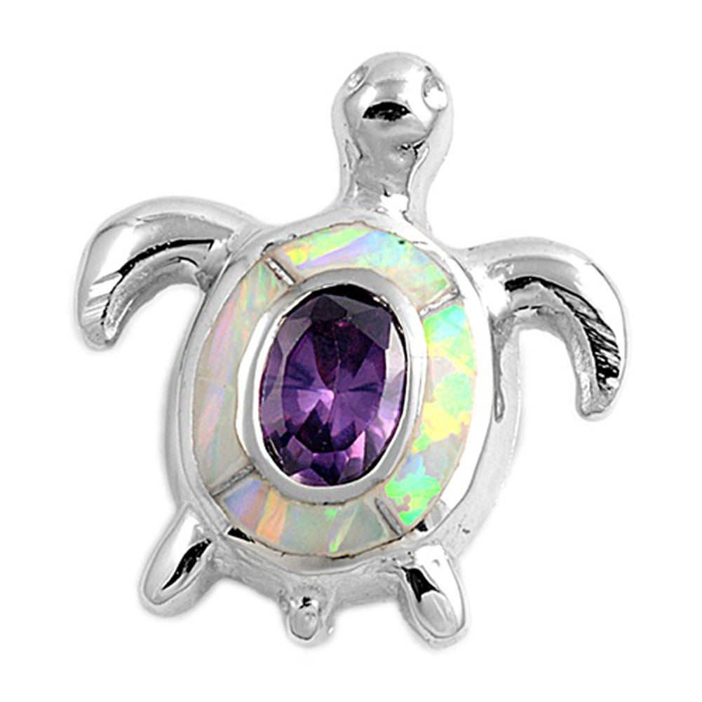 Shiny Mosaic Turtle Pendant Simulated Amethyst .925 Sterling Silver Oval Charm