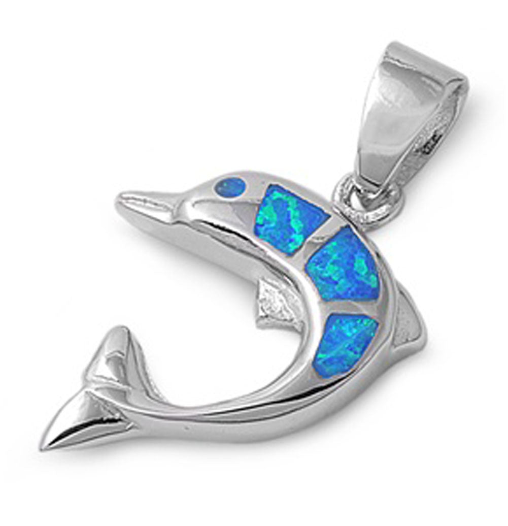 Sparkly Mosaic Dolphin Pendant Blue Simulated Opal .925 Sterling Silver Charm
