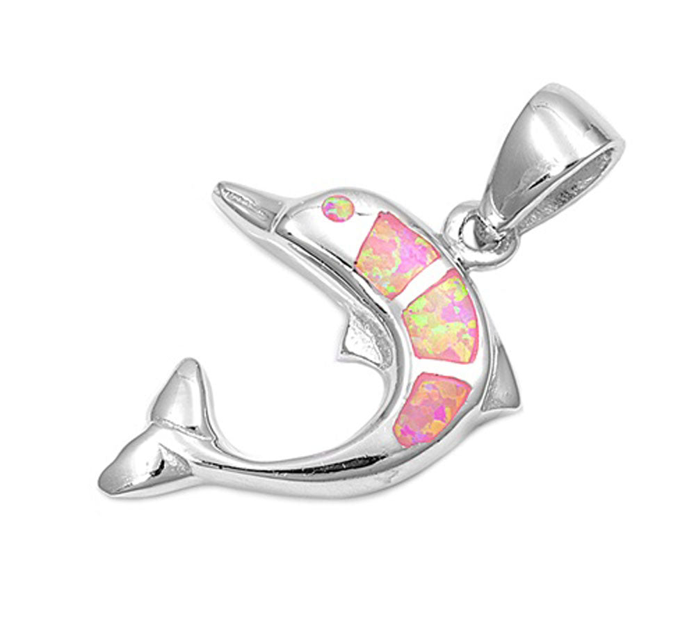Cute Sparkly Dolphin Pendant Pink Simulated Opal .925 Sterling Silver Charm
