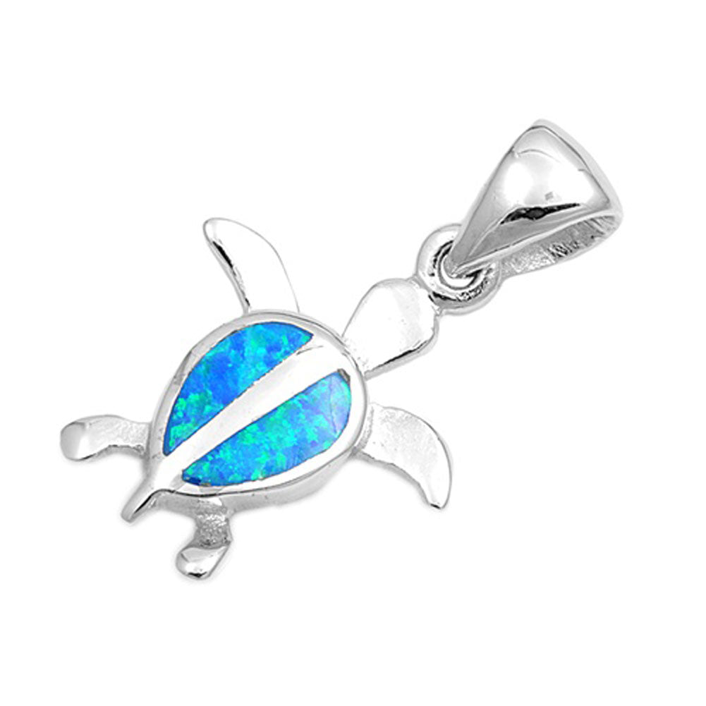Cute Sea Turtle Pendant Blue Simulated Opal .925 Sterling Silver Ocean Charm