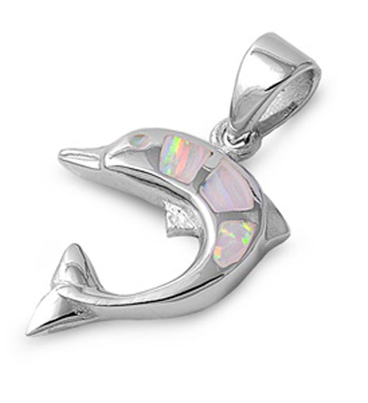 Cute Mosaic Dolphin Pendant White Simulated Opal .925 Sterling Silver Charm