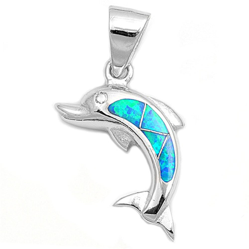 Happy Mosaic Dolphin Pendant Blue Simulated Opal .925 Sterling Silver Charm