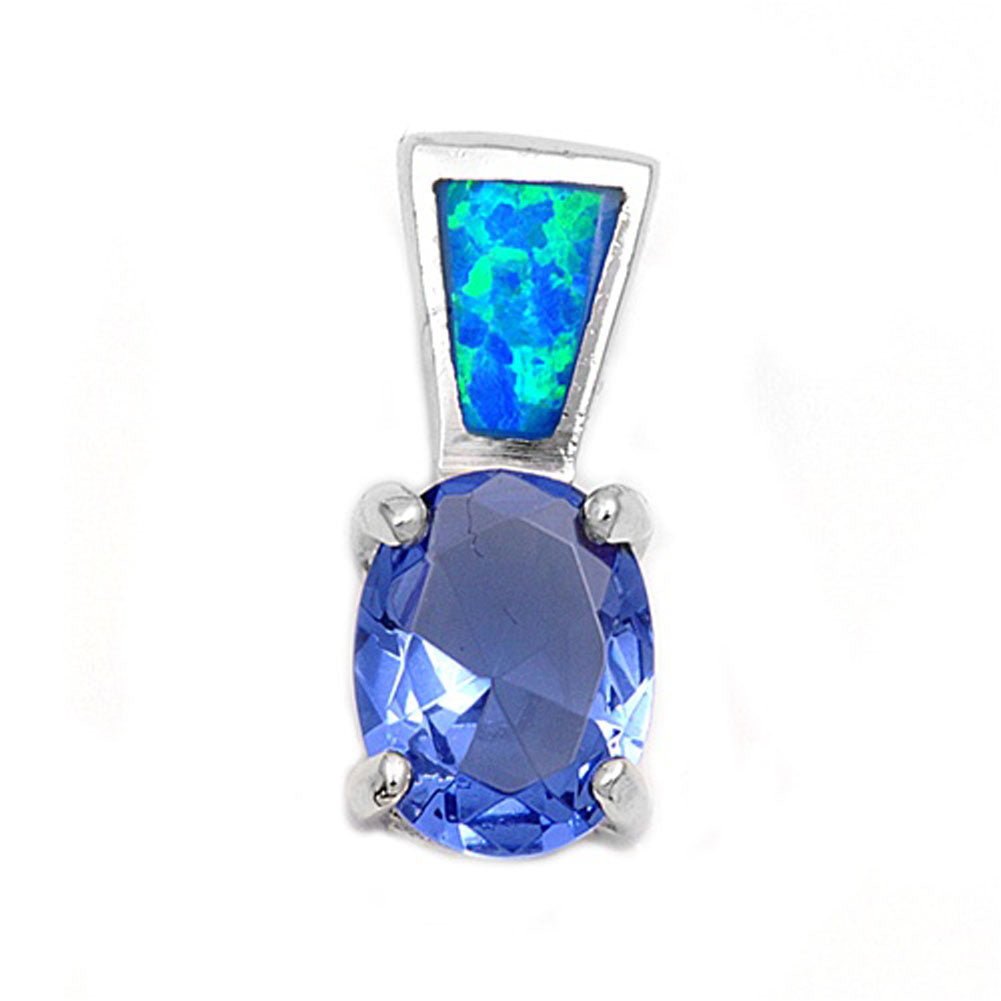 Sterling Silver Solitaire Sparkly Oval Pendant Blue Simulated Sapphire Charm